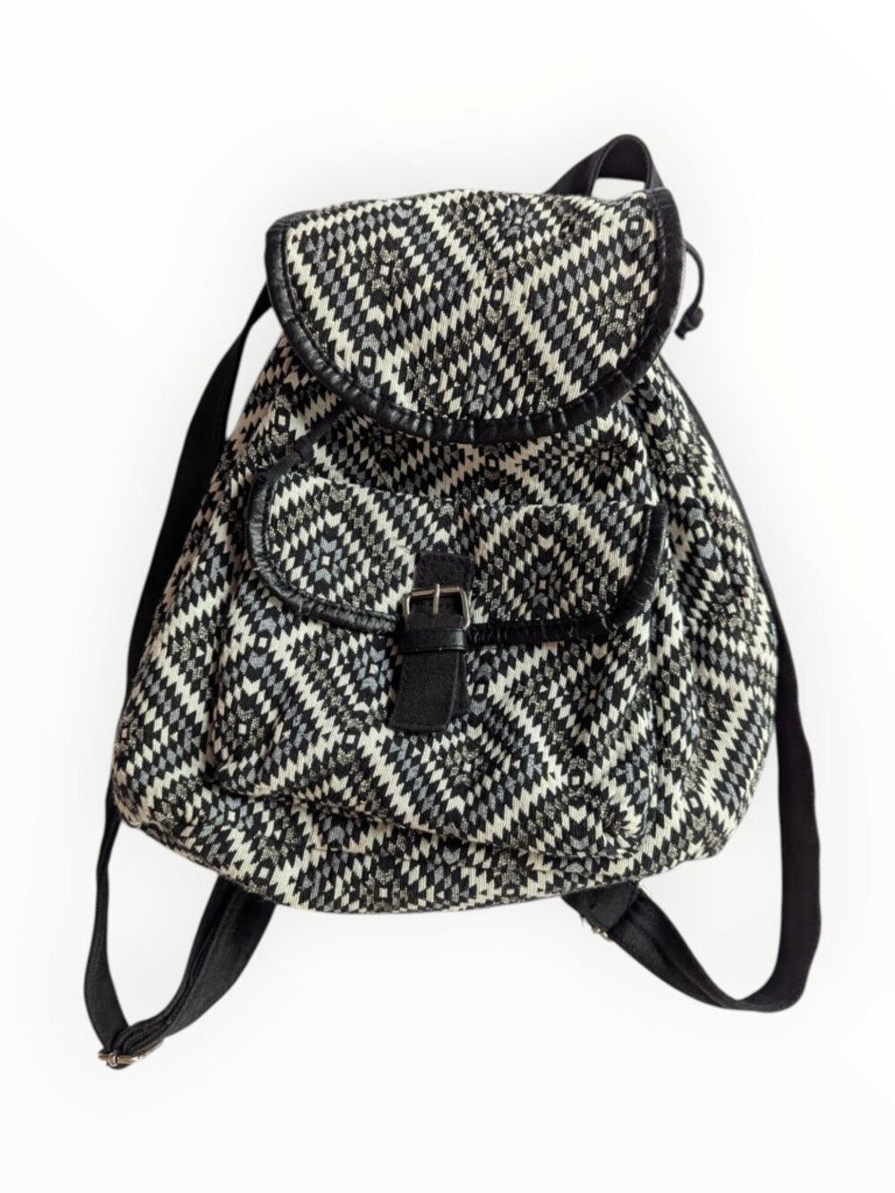 Black Cream Woven Tapestry Geometric Backpack Purse Boho Retro